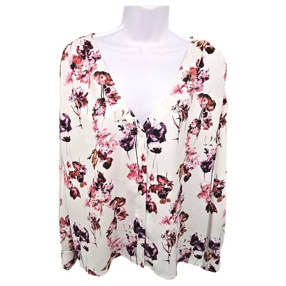 Nordstrom Floral V-Neck Long Sleeve Blouse Womens 1X Lightweight Ivory & Pink - Picture 2 of 16